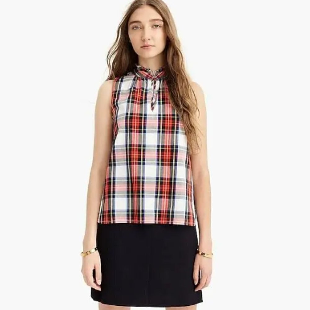 J. Crew Red Navy Stewart Tartan Plaid Ruffle-Neck Sleeveless Top sz 0 Christmas